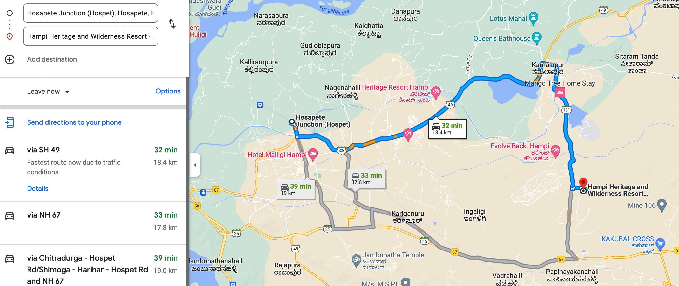 Route Map to Hampi Heritage and Wilderness Resort from Hospete